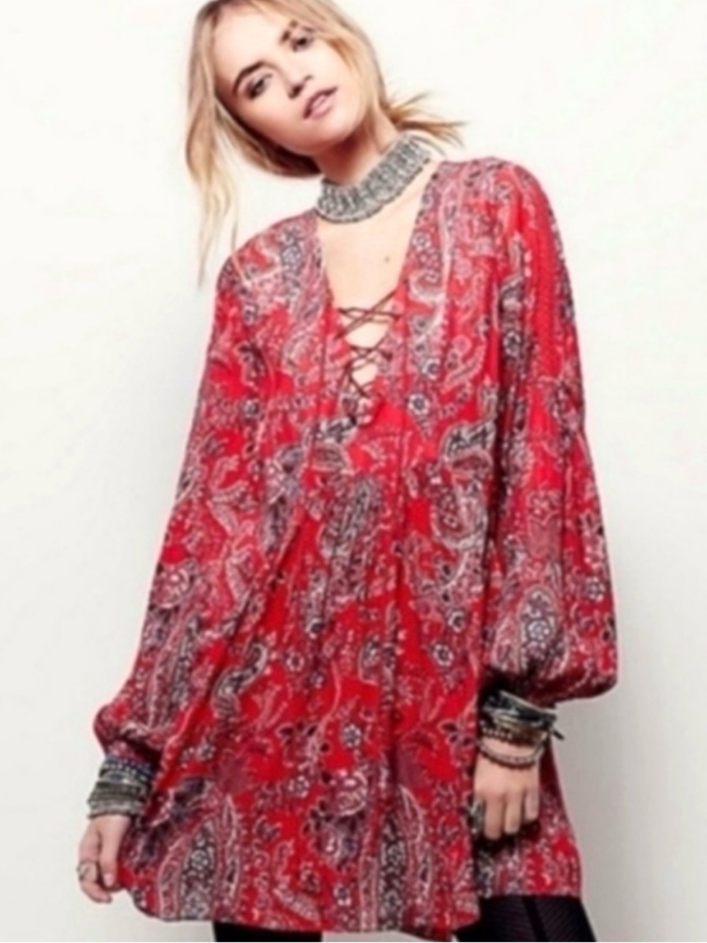 Free People Rain or Shine Boho Lace Up Mini Dress Tunic Red Paisley XS